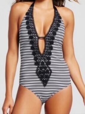 MASSIMO Deep V-Neckline Plunge One Piece Black White Bathing Suit Size Large